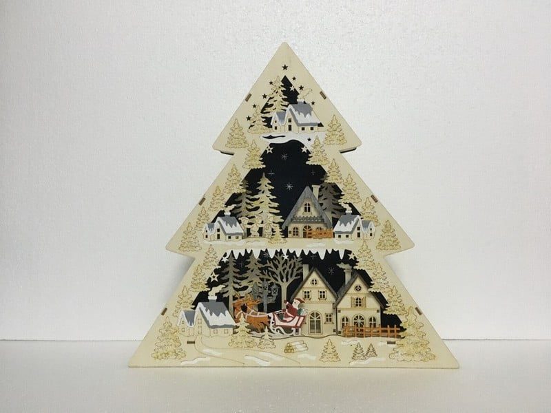 41cm bo lit wooden santa sleigh tree scene