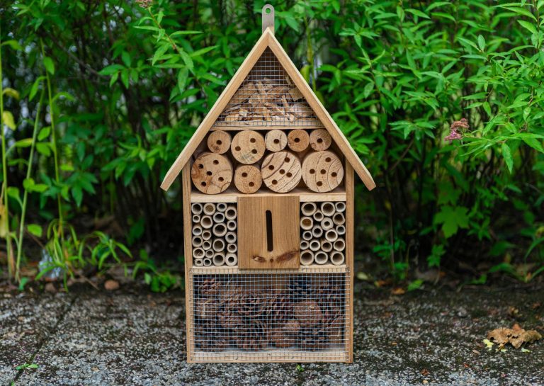 A wooden insect hotel with sections filled with drilled logs, bamboo tubes, and natural materials, set against a backdrop of green foliage.