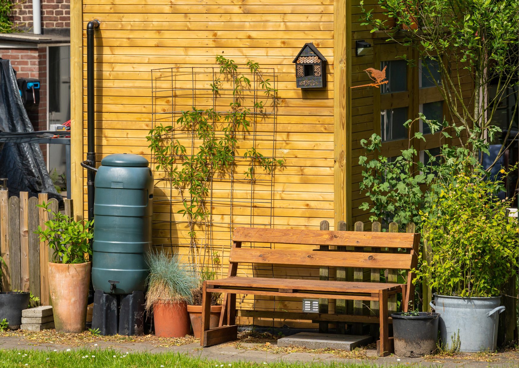 A wooden shed with a rain barrel, a wooden bench, and potted plants in front of it.